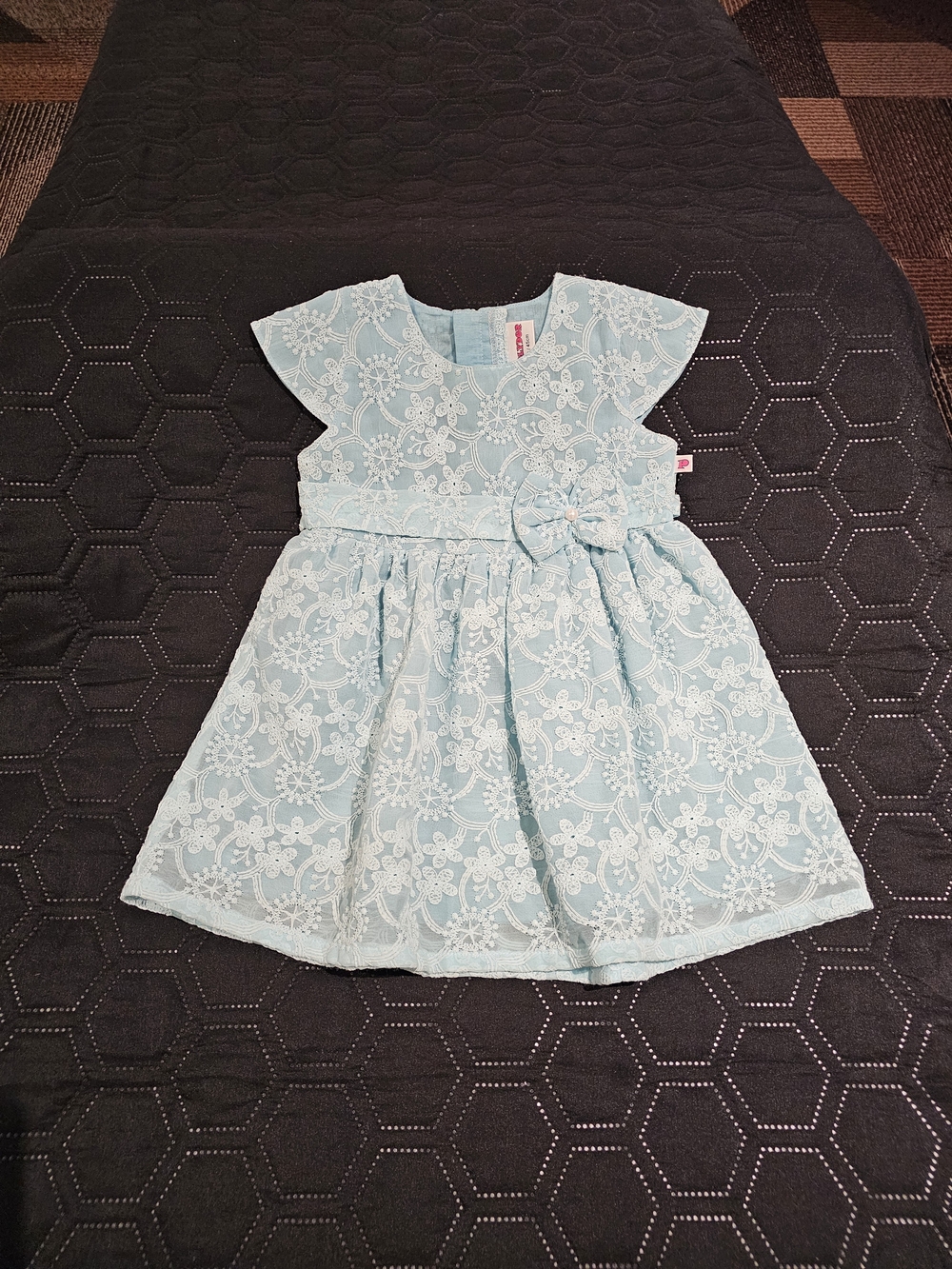Light Blue Lace Overlay Girls' Dress with Bow